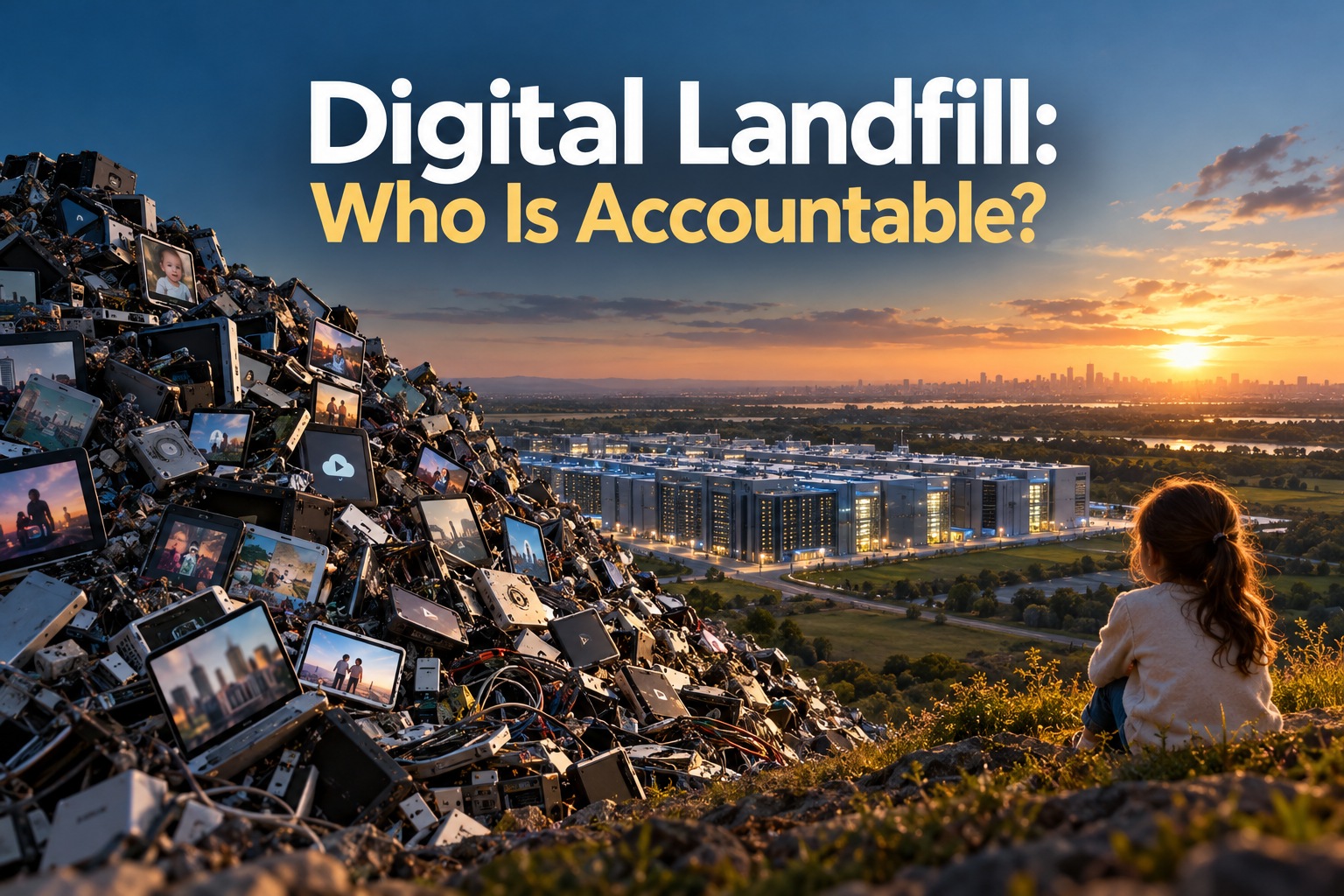 Digital Landfill: Who Is Accountable? A mountain of discarded digital devices overlooks data centers, with a child looking toward the landscape.